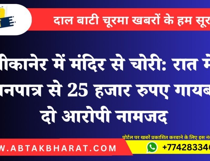 बीकानेर में मंदिर से चोरी: रात में दानपात्र से 25 हजार रुपए गायब, दो आरोपी नामजद
