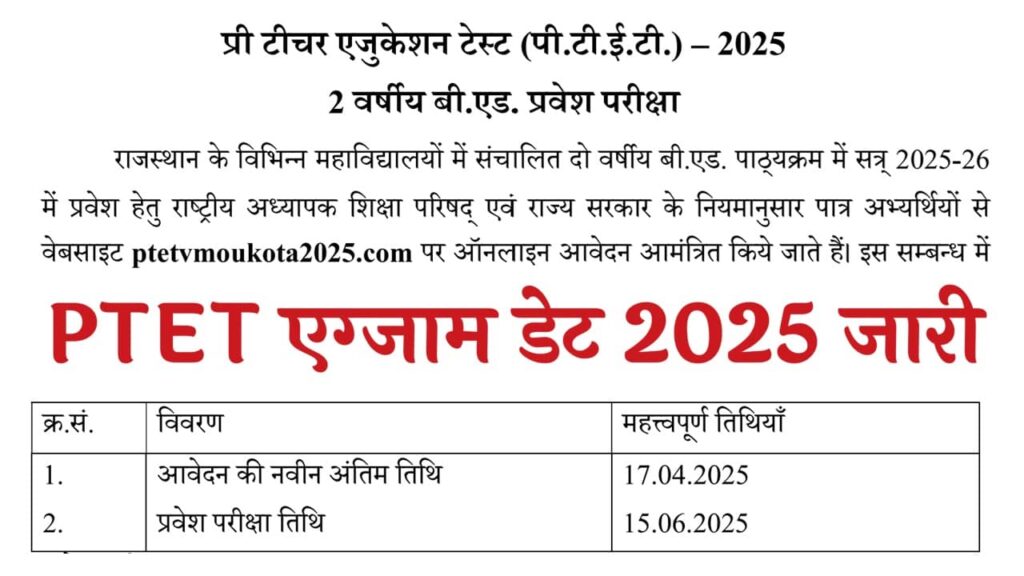 Rajasthan PTET Exam date 2025